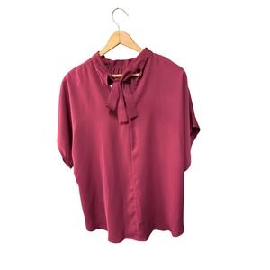 Verdusa Womens Tie Neck Short Sleeve Blouse Burgundy Wine Red Chiffon Top Size M